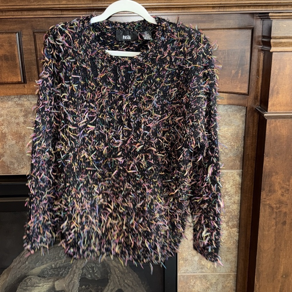 Vintage Pasta neon black all over fuzzy 3D shaggy textured mohair sweater size L